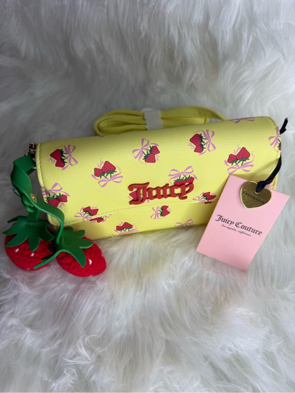 Juicy Couture Yellow Strawberry Print Crossbody with Red Charm